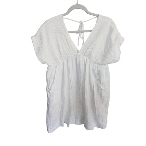 Day + Moon White Linen Gauze V-Neck Tunic Mini Dress Small Bridal Bachelorette - Picture 3 of 8